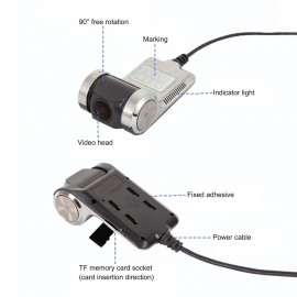 USB Dash Camera Car DVR HD720P, 90° Rotating Lens 170° Wide Angle Road Video Recorder Automatic Cyclic Coverage Recording G-Sensor
